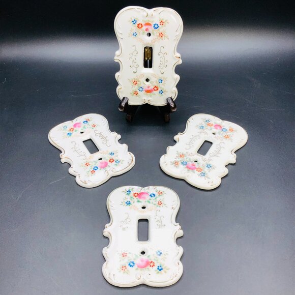 Vintage 60s Japan Victorian Floral Porcelain Toggle Switch Plate Covers Set of 4 - Picture 3 of 8
